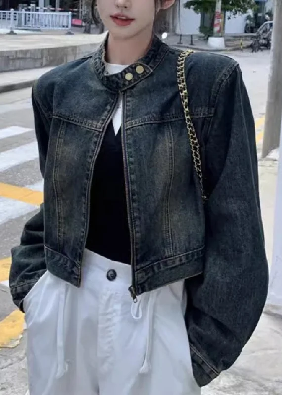 Stylish Old Blue Stand Collar Button Denim Coats Spring Parka Down Jacket Wool Coat