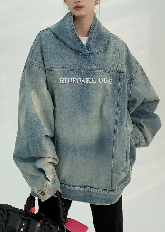 Vintage Denim Blue Patchwork Embroidered Hooded Coat Fall Print Jacquard Embroidered Vintage Denim Blue Patchwork Embroidered Hooded Coat Fall Print Jacquard Embroidered