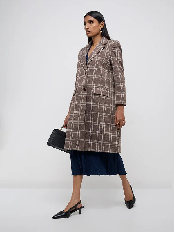 Wardrobe Dark Brown Checkered Long Coat Anorak Windbreaker Fleece