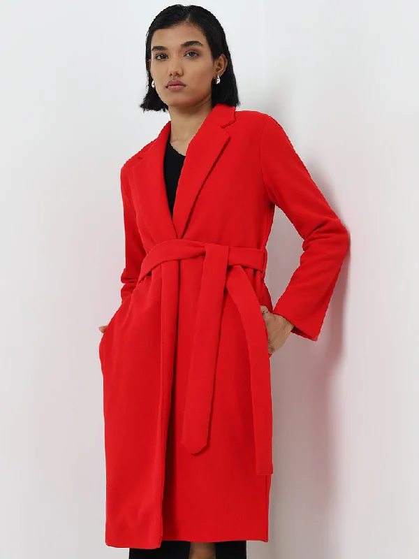 Wardrobe Red Long Coat with Belt Tailored Straight A-Line