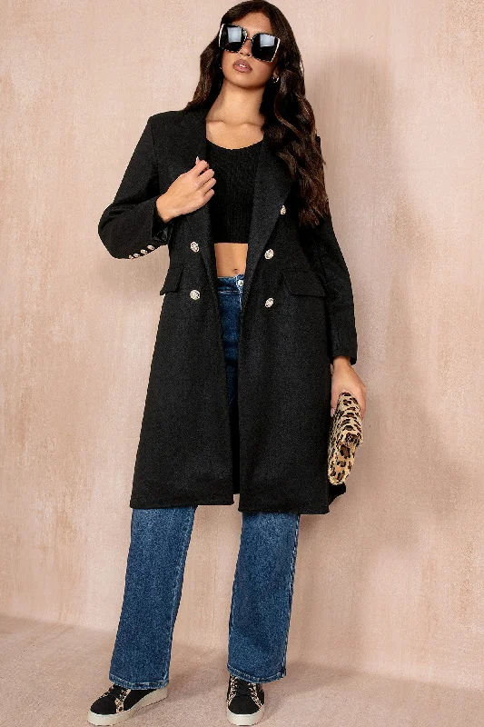 Winona Black Longline Double Breasted Coat Tie-Waist Belted Drawstring