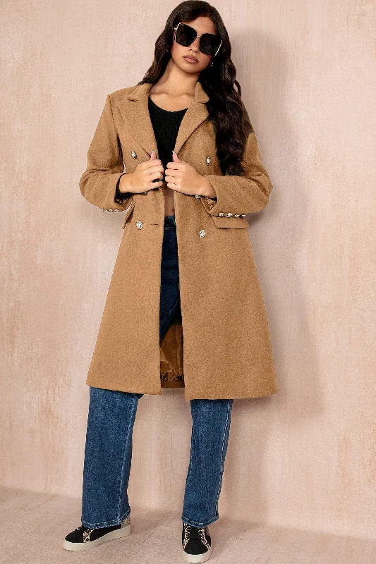 Winona Camel Longline Double Breasted Coat Parka Down Jacket Wool Coat