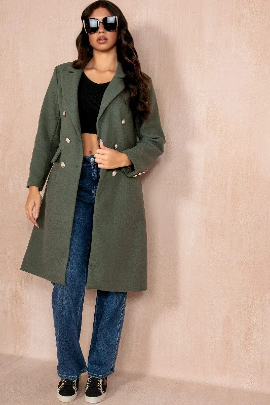Winona Khaki Longline Double Breasted Coat Off-the-Shoulder Jacket Double-Breasted Coat Single-Breasted Coat Winona Khaki Longline Double Breasted Coat Off-the-Shoulder Jacket Double-Breasted Coat Single-Breasted Coat