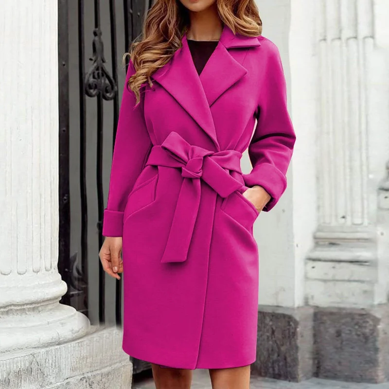 Vireous Women's Hot Pink Trench Coat Suede Faux Fur Shearling