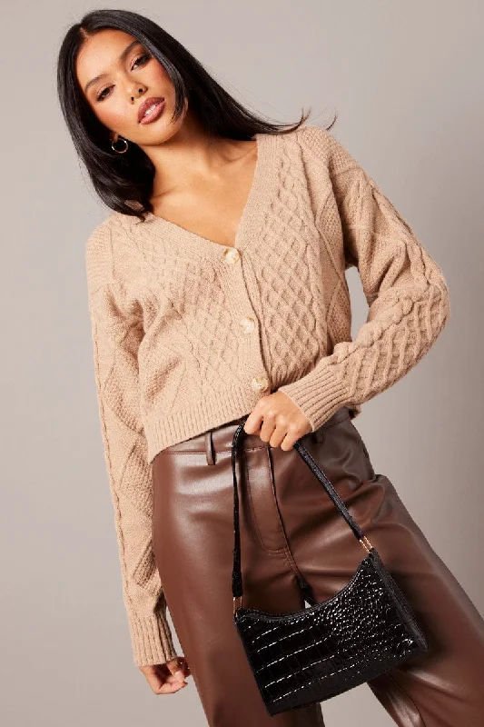 Beige Cable Knit Cardigan Long Sleeve V Neck Bright Pastel Dark
