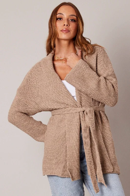 Beige Knit Cardigan Terry Blend Velvet Blend Canvas Blend