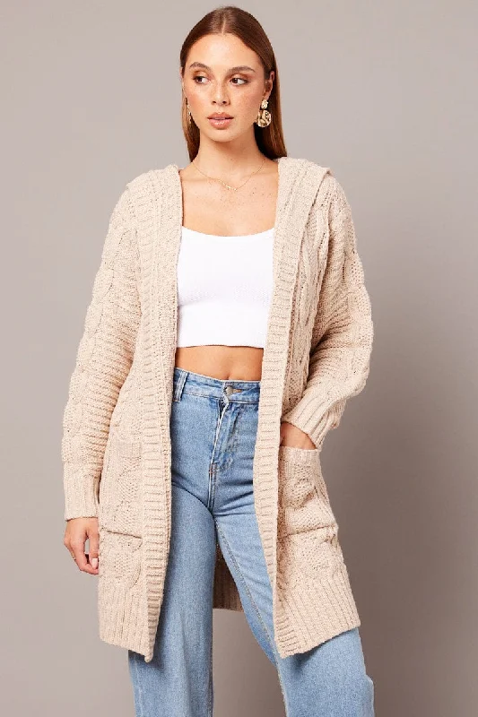 Beige Longline Cardigan Long Sleeve Hooded Cable Knit Lightweight Heavyweight Midweight