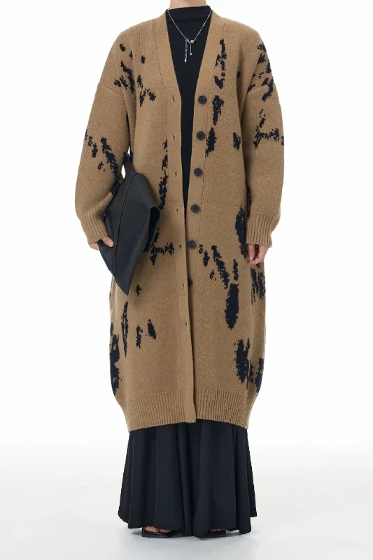 Beige Tiger Tread Wrap Long Cardigan Fleece Cardigan Nylon Polyester