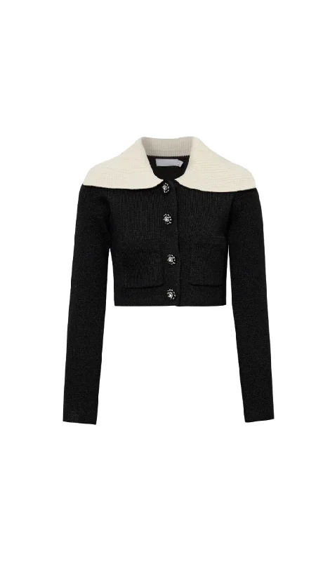 BLACK KNIT CARDIGAN WITH CONTRAST COLLAR Notch Collar Peter Pan Collar Cowl Neck