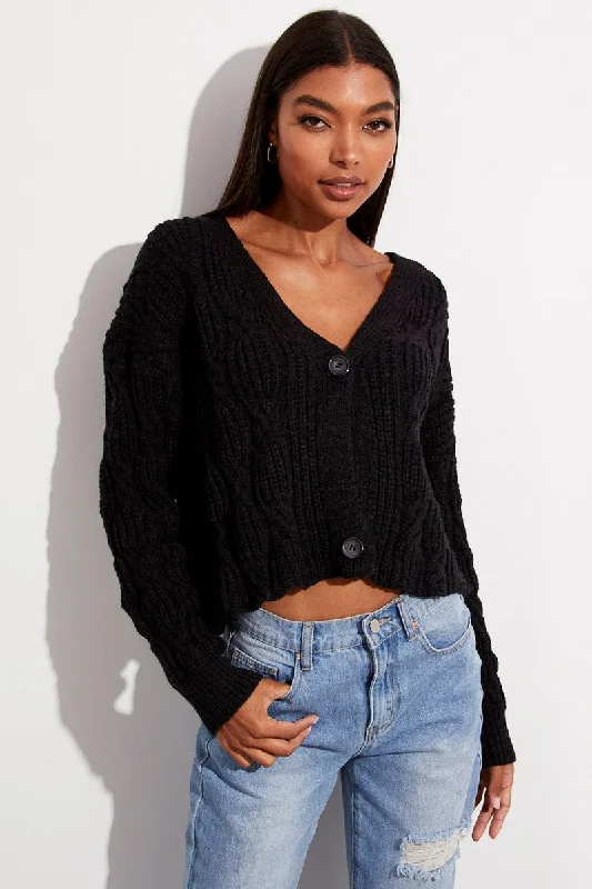 Black Oversized Cable Knit Cardigan Casual Formal Business