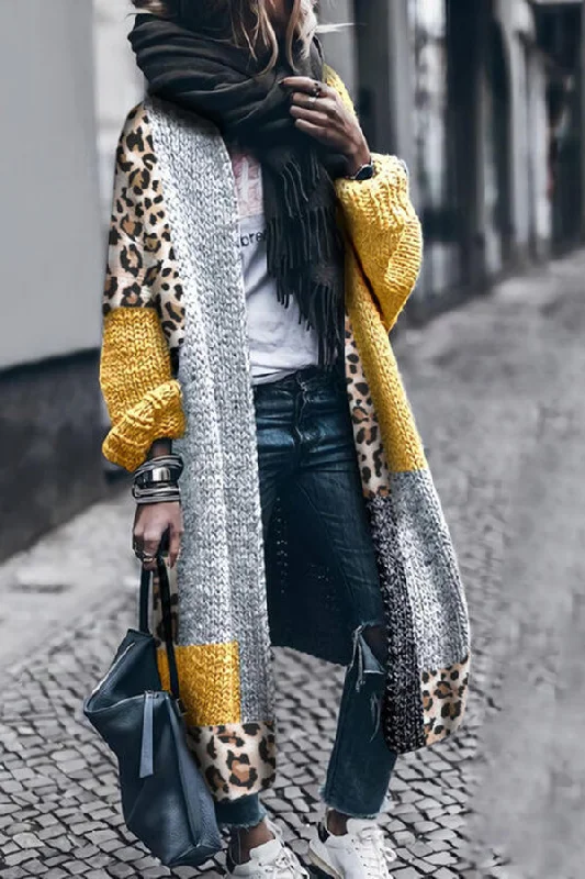 Kiana Color Block Leopard Casual Midi Cardigan Real Fur Shearling Chenille