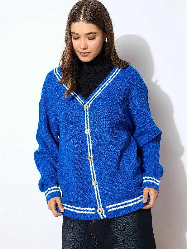 Women Blue Front Button Oversized Cardigan Cable Knit Ribbed Knit Lace Knit