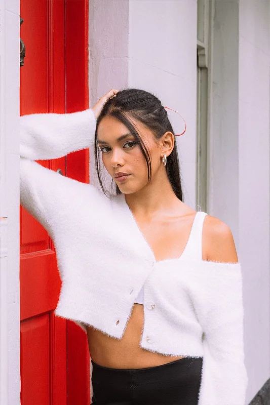 White Fluffy Knit Cardigan Long Sleeve V Neck Elegant Classic Vintage