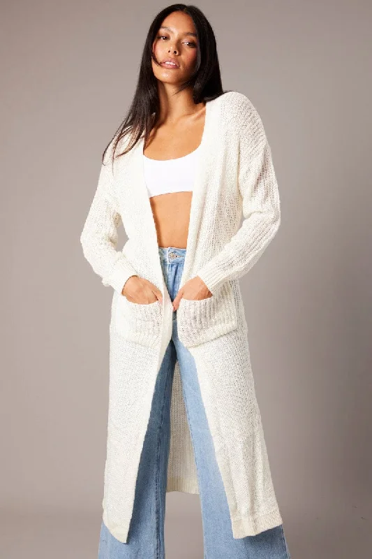 White Knit Cardigan Solid Print Embellished
