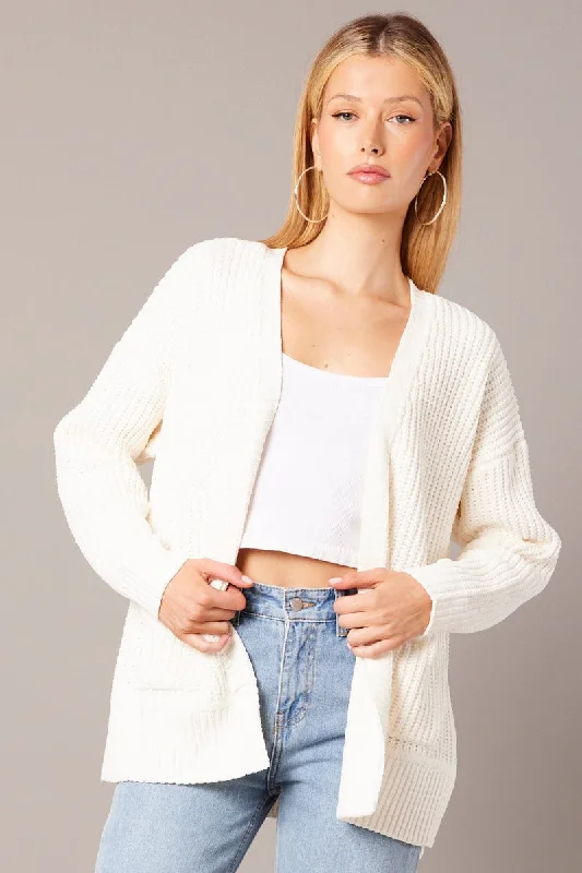 White Knit Cardigan Longline Chenille Machine Wash Dry Clean Hand Wash