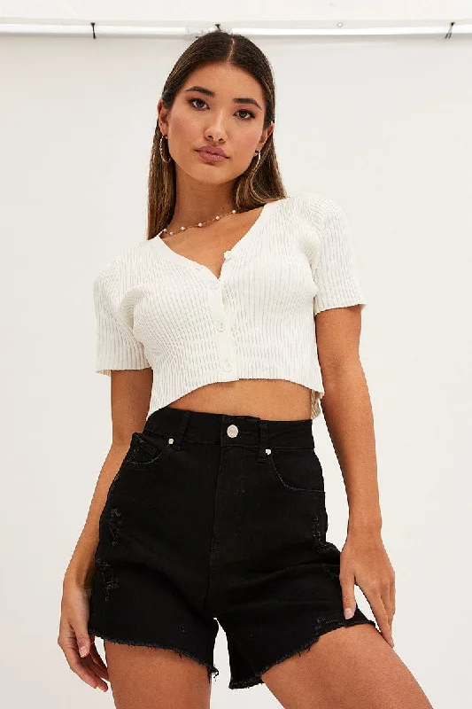 White Knit Cardigan Short Sleeve Fitted Slim Tailored