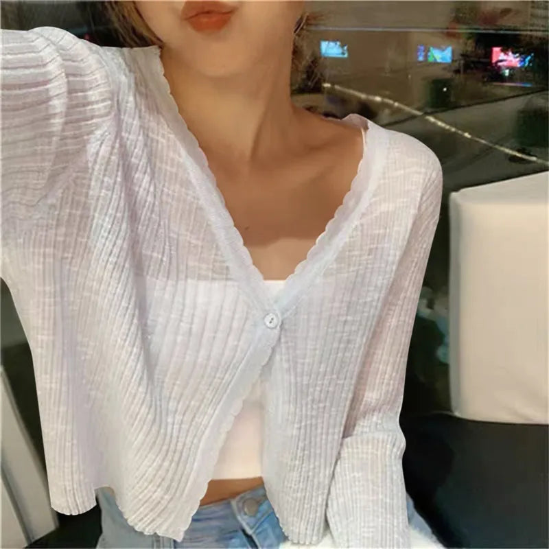 2024 Summer Ice Silk Sexy Women V Neck Button Long Sleeve Cropped Knitted Loose Sweater Tops Fashion Women Cardigan Mesh Fabric Canvas Fabric Denim Fabric 2024 Summer Ice Silk Sexy Women V Neck Button Long Sleeve Cropped Knitted Loose Sweater Tops Fashion Women Cardigan Mesh Fabric Canvas Fabric Denim Fabric