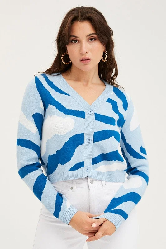Abstract Print Knit Cardigan Long Sleeve V-Neck Stretchy Elastic Breathable
