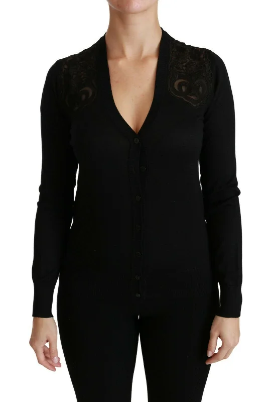 Alluring Silk Blend Lace Cardigan Collared Crew Neck Turtle Neck