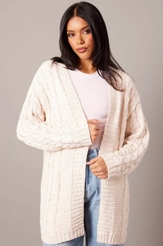 Beige Cable Knit Cardigan Longline Knit Fabric Woven Fabric Fleece Fabric