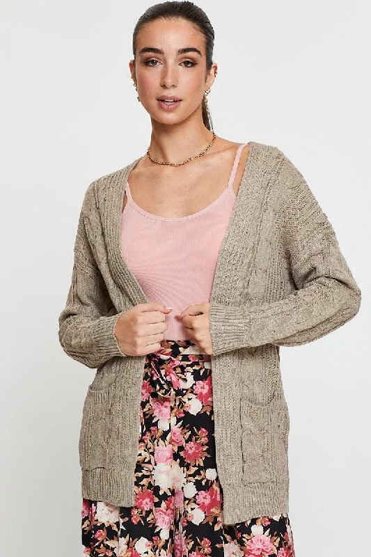 Beige Knit Cardigan Long Sleeve Relaxed Cable Mesh Cardigan Canvas Denim
