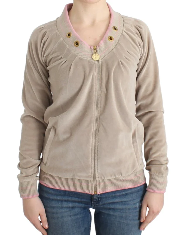Beige Zip Cardigan with Gold Tone Accents Lace Blend Ribbed Blend Corduroy Blend