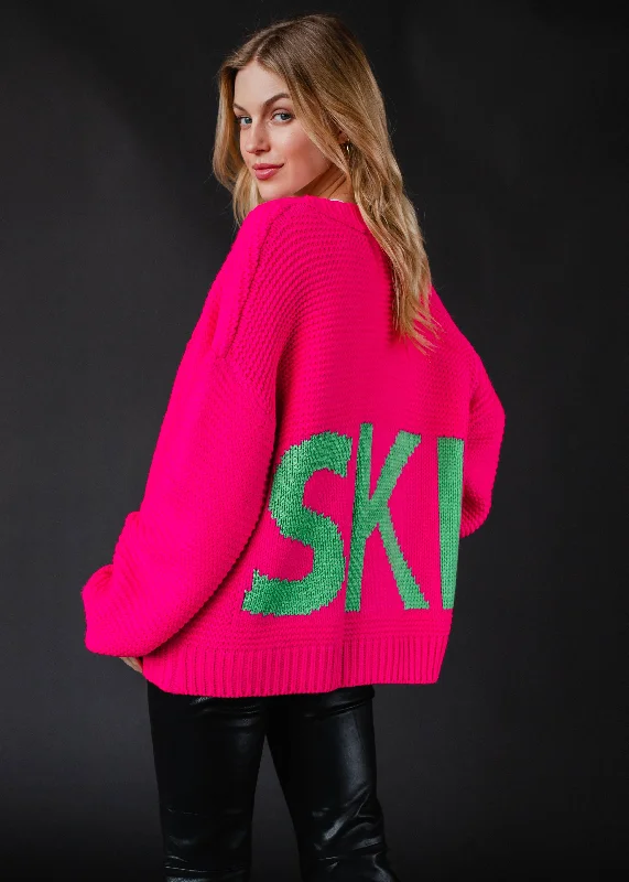 Bright Pink Ski Knit Cardigan Thin Thick Dense