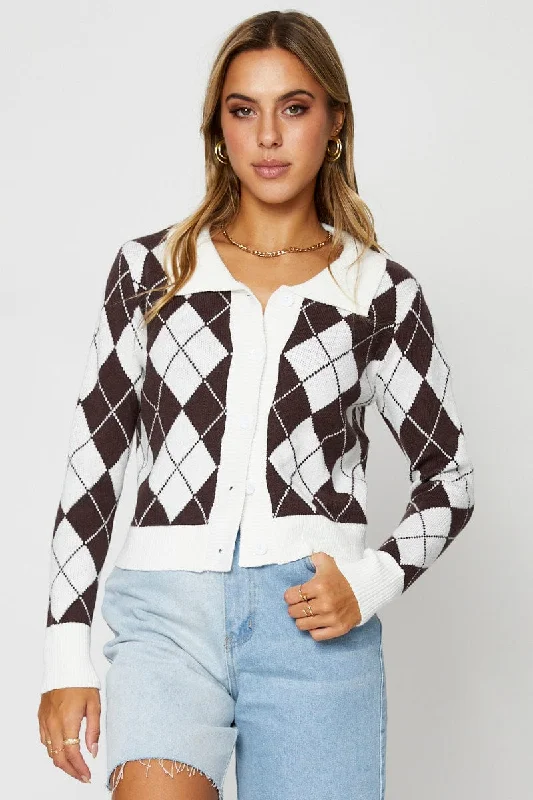 Check Knit Cardigan Long Sleeve Collared Spandex Rayon Corduroy