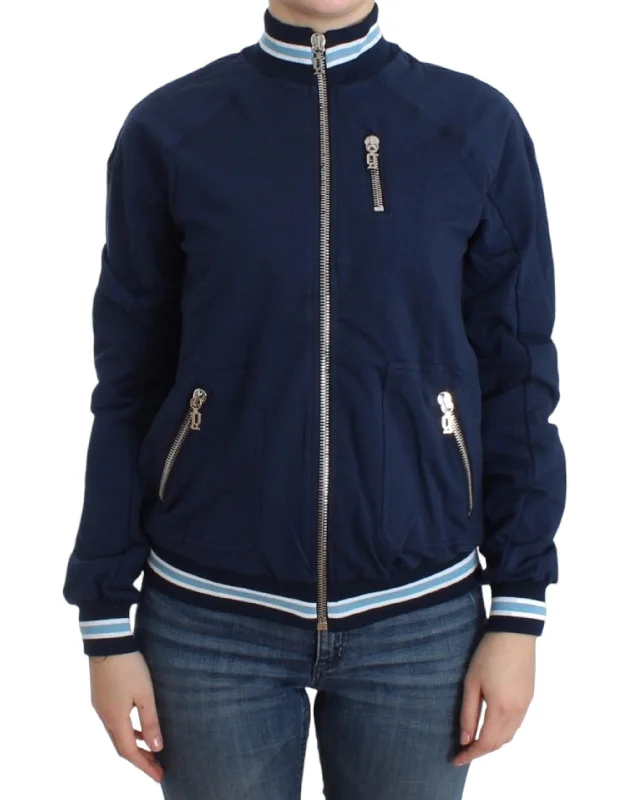 Chic Blue Zip Cardigan with Logo Detail Glossy Satin Silk