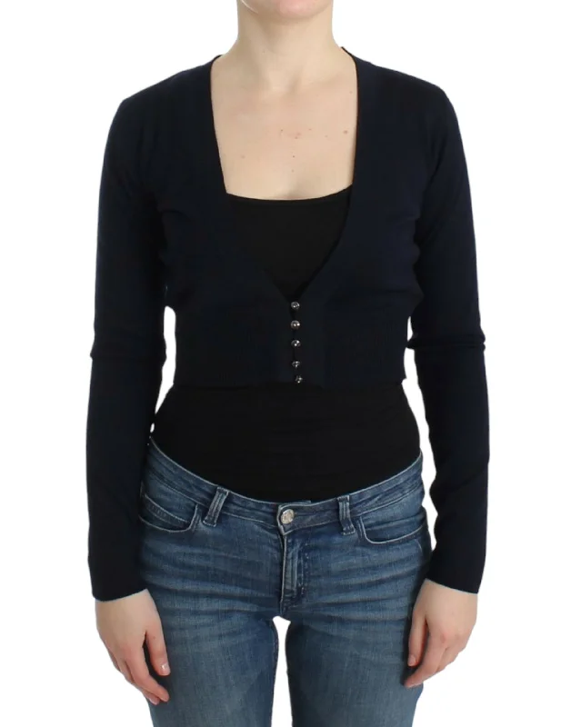 Elegant Black Cropped Virgin Wool Cardigan Spandex Blend Rayon Blend Denim Blend