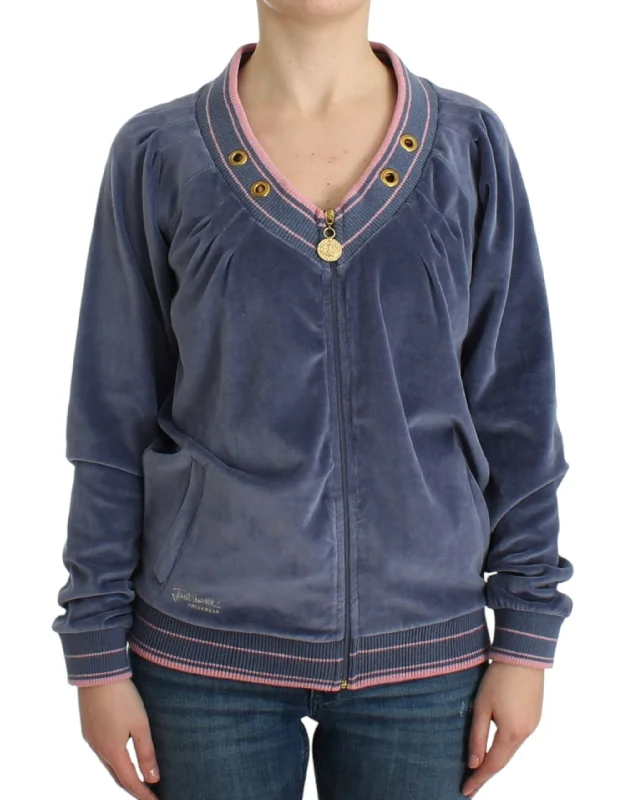 Elegant Blue Zip Cardigan with Gold Details Mesh Blend Leather Blend Suede Blend