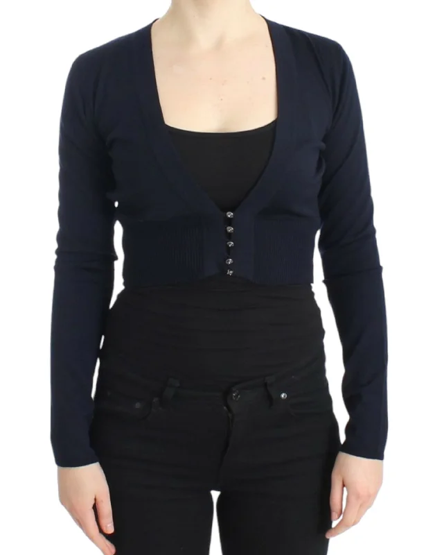 Elegant Cropped Virgin Wool Cardigan Striped Floral Plaid