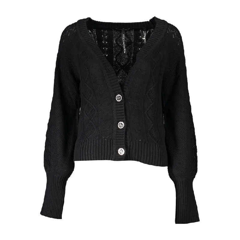 Elegant Long Sleeve Black Cardigan with Contrast Details Herringbone Houndstooth Plaid