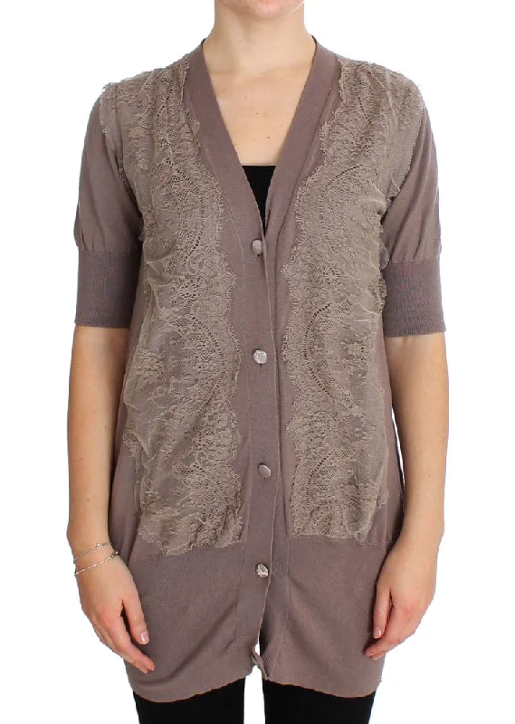 Elegant Purple Cotton Lace Cardigan Sweater Anti-Pilling Anti-Shrink Durable