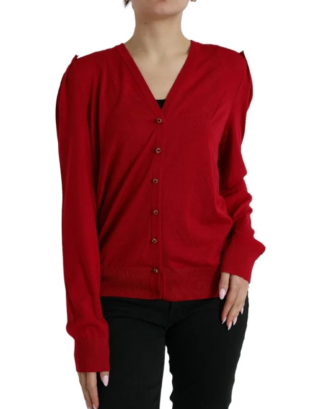 Elegant Red V-Neck Wool Cardigan Boat Neck Shawl Collar Notched Collar