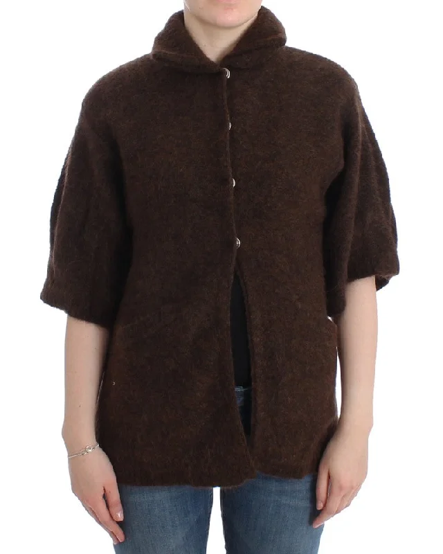 Elegant Short Sleeved Brown Cardigan Terry Blend Velvet Blend Canvas Blend