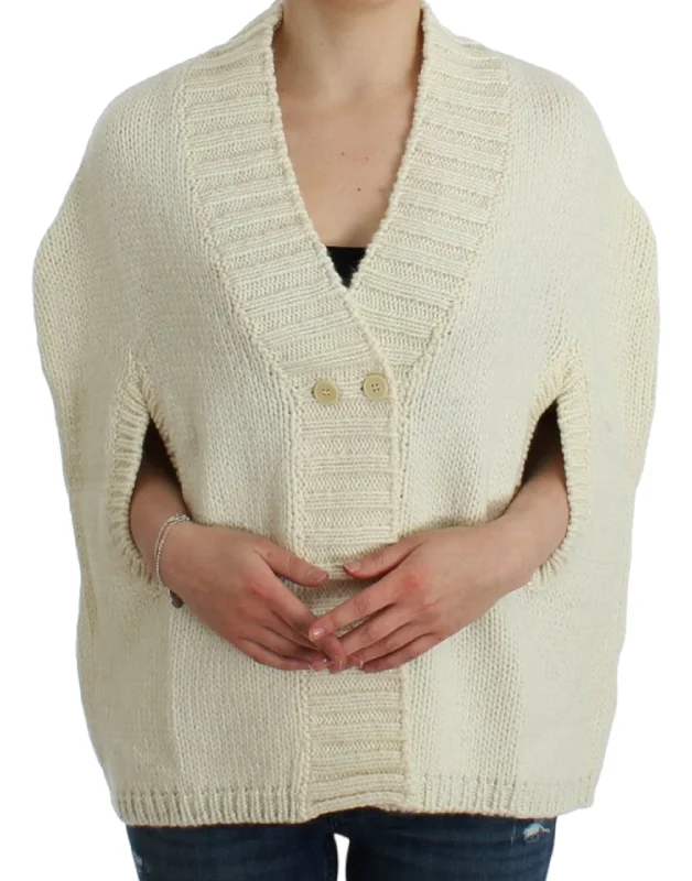 Elegant White Knitted Cape-Cardigan Hybrid Houndstooth Herringbone Solid