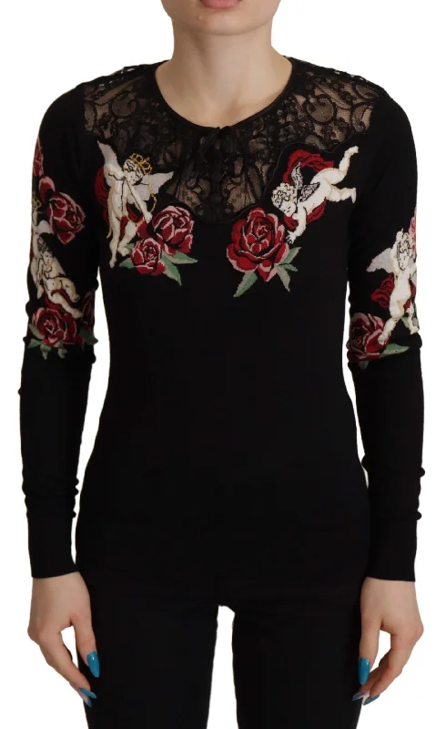 Embroidered Angel Cardigan Sweater Satin Blend Silk Blend Wool Blend