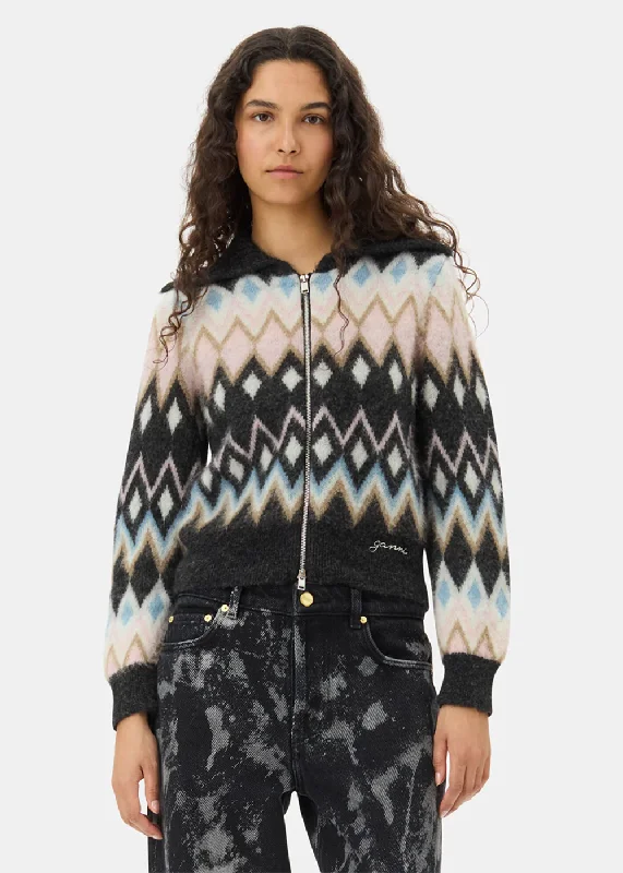 Fine Brushed Alpaca Cardigan Ribbed Striped Patterned
