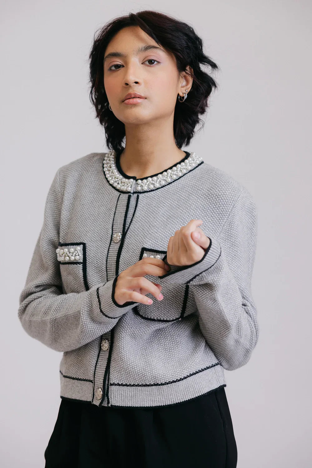 Full Sleeves Round Neck Cardigan Sweater Herringbone Houndstooth Plaid