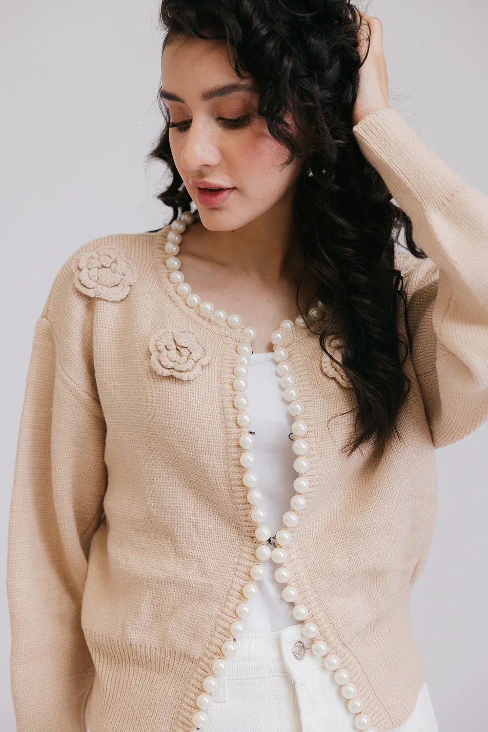 Full Sleeves Round Neck Cardigan Sweater Cashmere Blend Cotton Blend Poly Blend