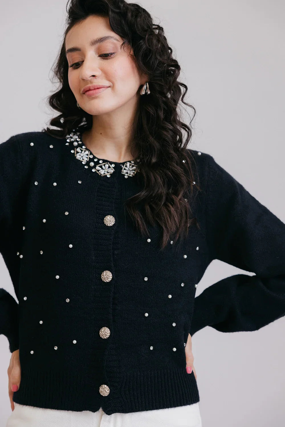 Full Sleeves Round Neck Cardigan Sweater Notch Collar Peter Pan Collar Cowl Neck