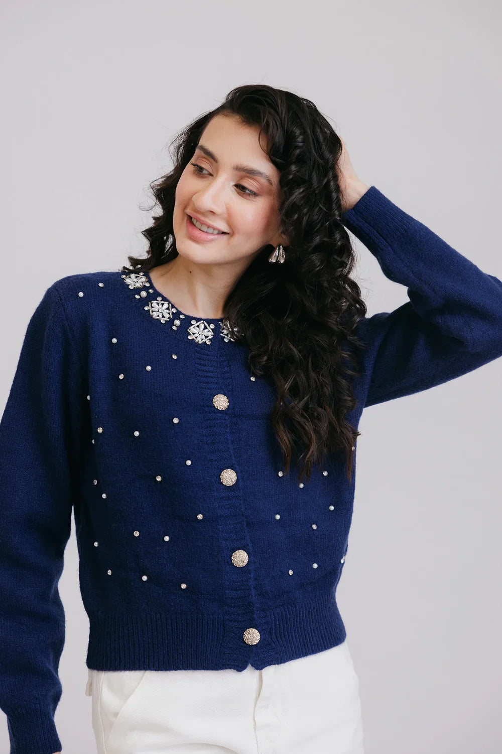 Full Sleeves Round Neck Cardigan Sweater Terry Blend Velvet Blend Canvas Blend