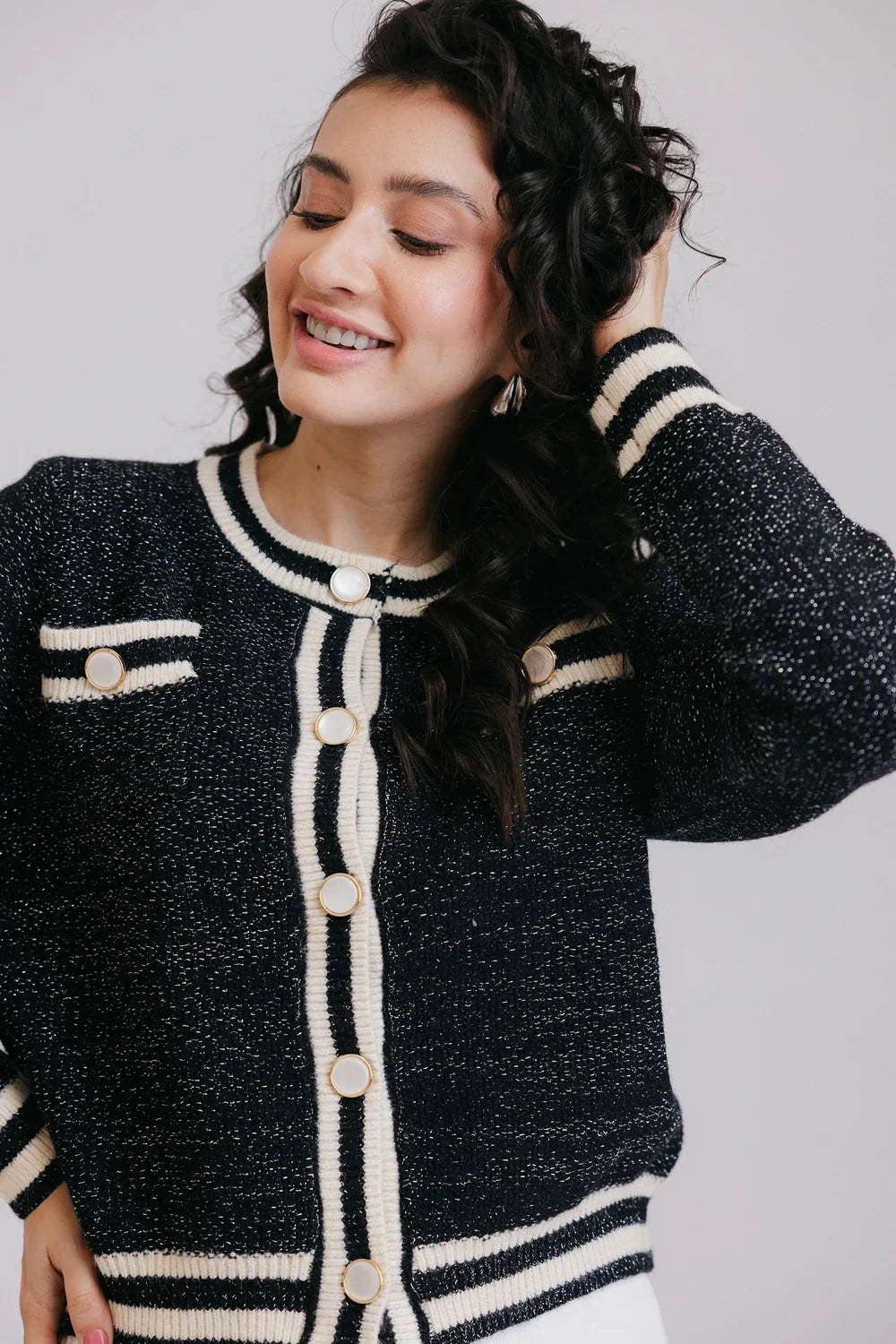 Full Sleeves Round Neck Cardigan Sweater Houndstooth Herringbone Solid