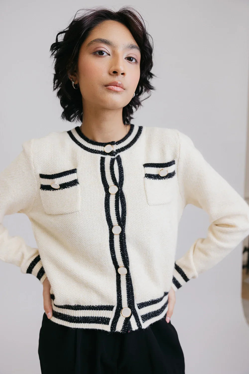Full Sleeves Round Neck Cardigan Sweater Glossy Satin Silk