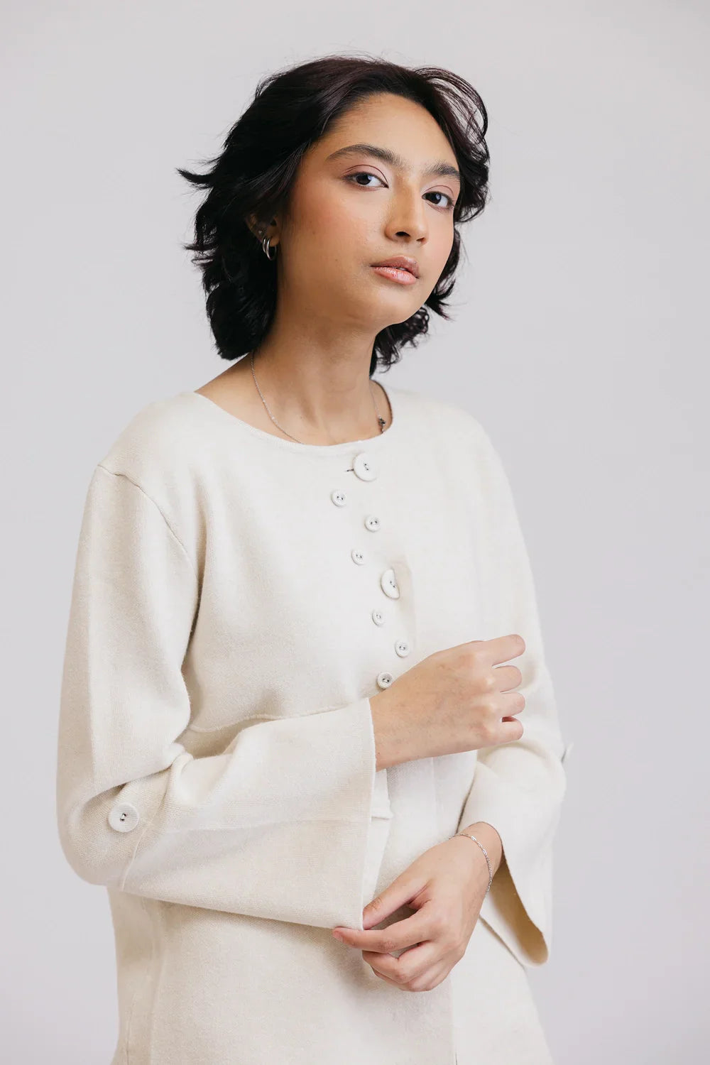 Full Sleeves Round Neck Cardigan Sweater Faux Fur Fabric Real Fur Fabric Shearling Fabric