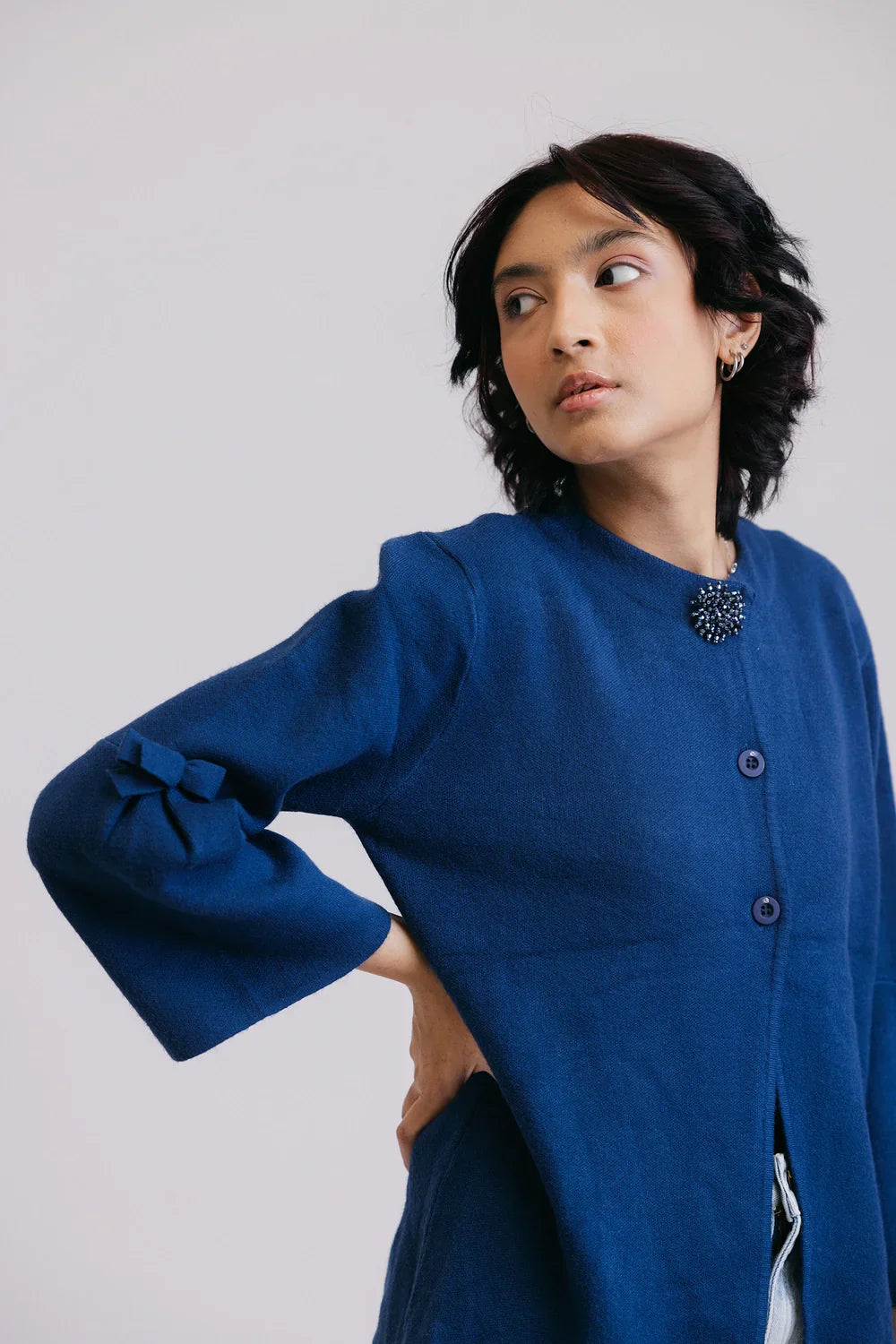 Full Sleeves Round Neck Cardigan Sweater Tailored Straight A-Line