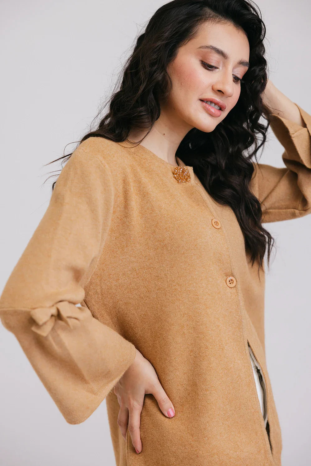 Full Sleeves Round Neck Cardigan Sweater Denim Fabric Leather Fabric Suede Fabric