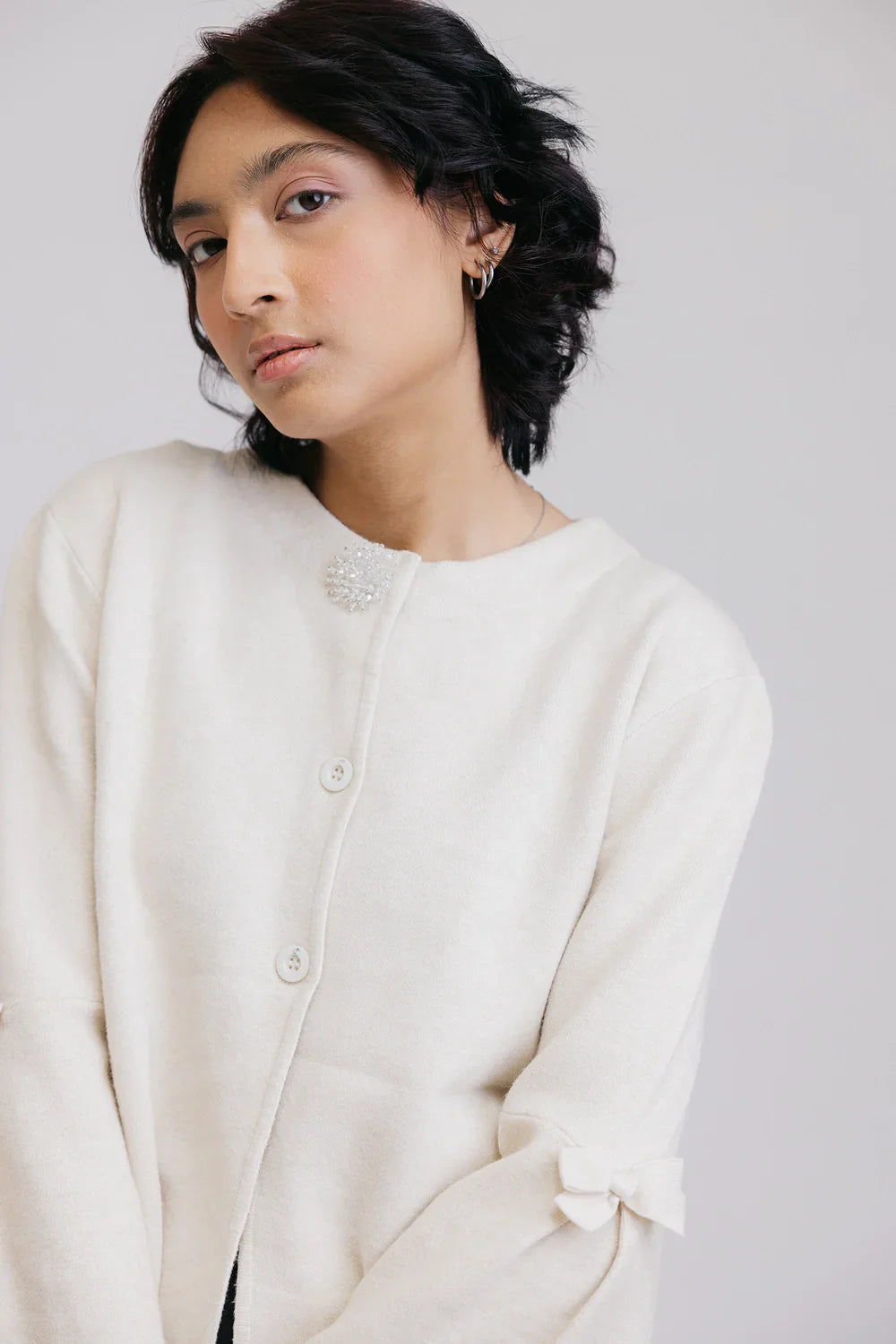 Full Sleeves Round Neck Cardigan Sweater Sequined Glittery Shiny