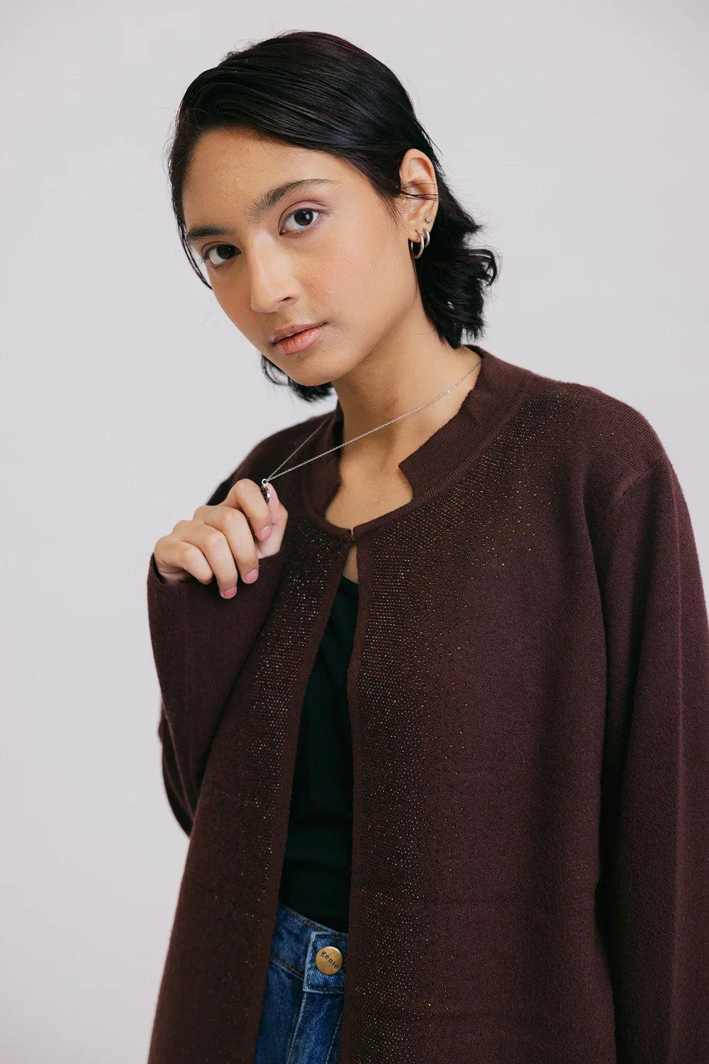 Full Sleeves Round Neck Cardigan Sweater Real Fur Shearling Chenille